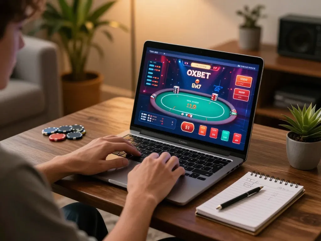 Engaging with Oxbet's online casino from home, showcasing strategic gameplay elements in a cozy setting