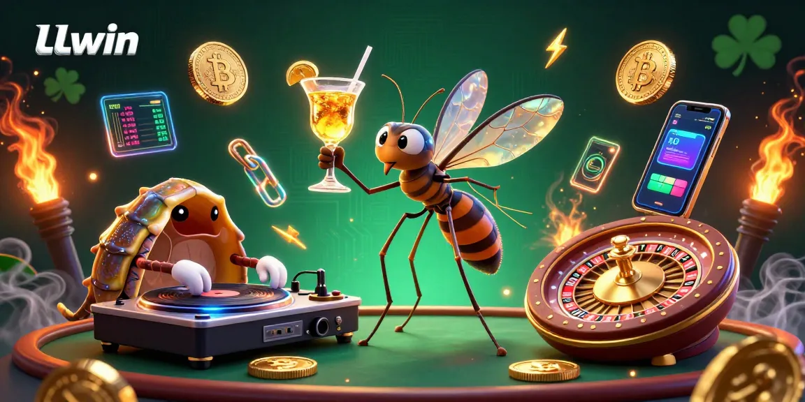 LLwin casino mascot with a golden cocktail in a vibrant 3D illustration featuring Bitcoin and Ethereum coins.