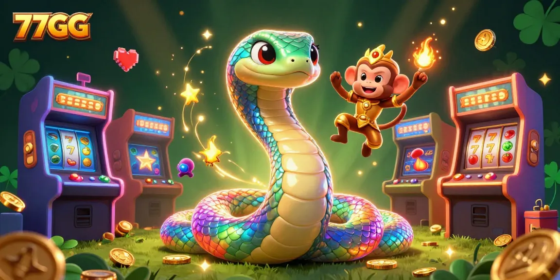 Experience 77GG's vibrant gaming adventure with a magical scene featuring a rainbow serpent and a monkey king.