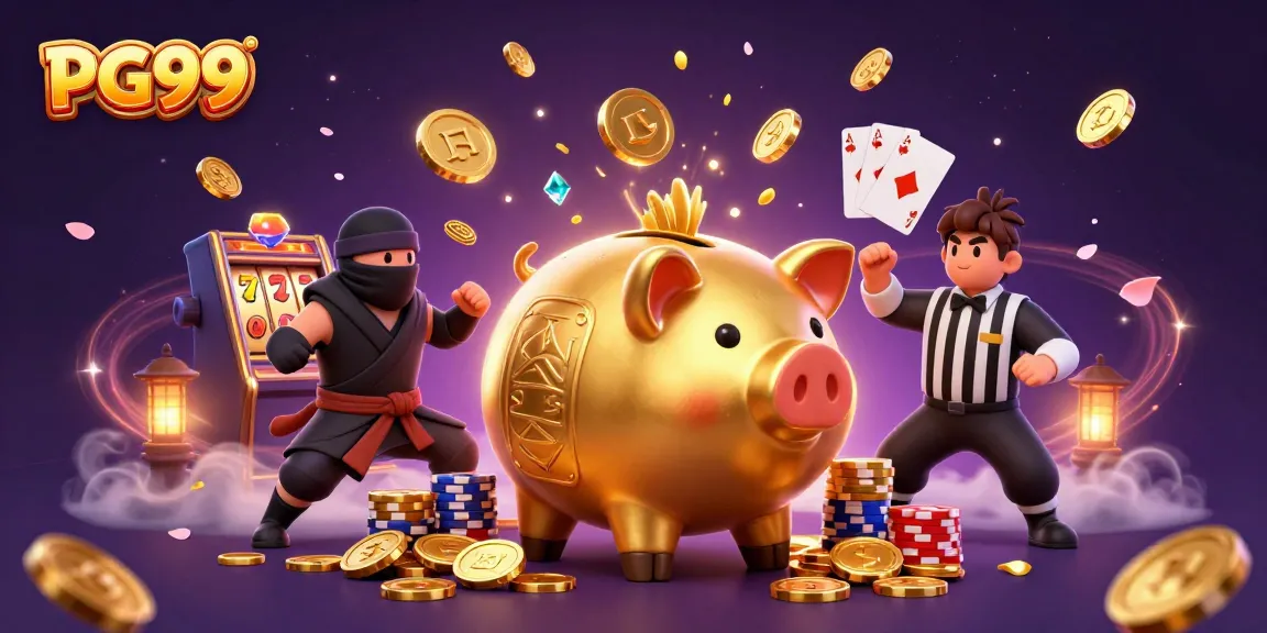 Engage in thrilling PG99 casino adventures with an energetic scene featuring a golden piggy bank sumo wrestler and friends.