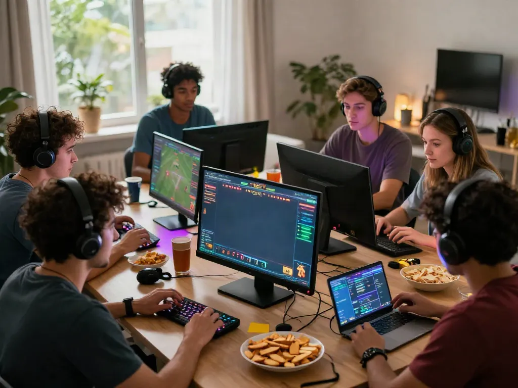 Gathering at home for online gaming and sports betting at https://man88.hair/ with vibrant atmosphere and friends.