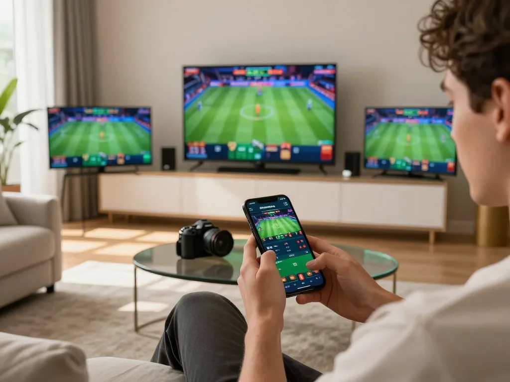 Engaging in live sports betting on mobile app showcasing 45678 nhà cái in stylish home.