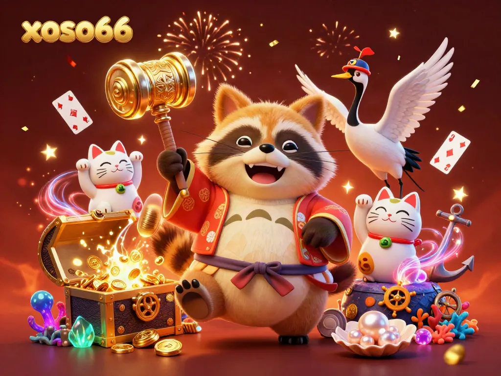 xoso66 showcases a vibrant festival scene with cheerful characters and colorful treasures in a captivating gambling theme.