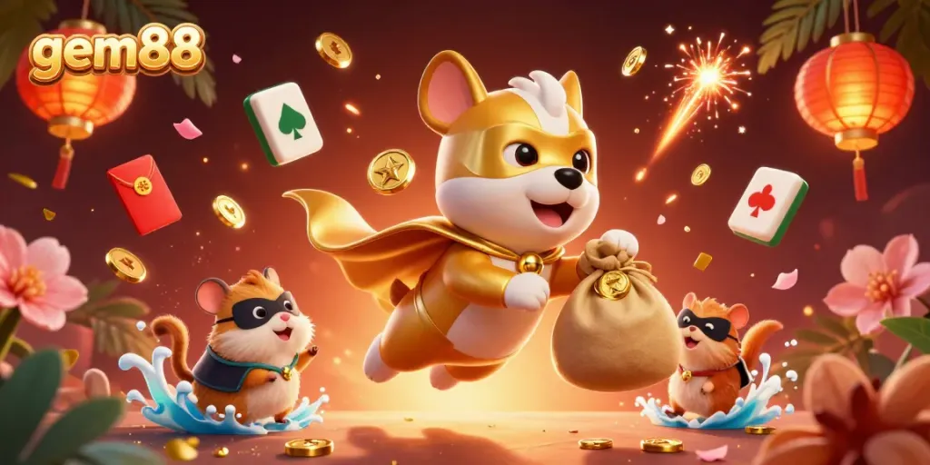 Join the excitement at gem88 with a superhero dog and hamster amidst vibrant casino elements!