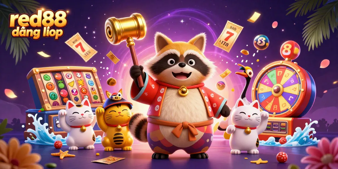 Experience the excitement of red88 đăng nhập with vibrant slot reels, a cheerful tanuki, and lucky symbols in a dynamic casino scene.