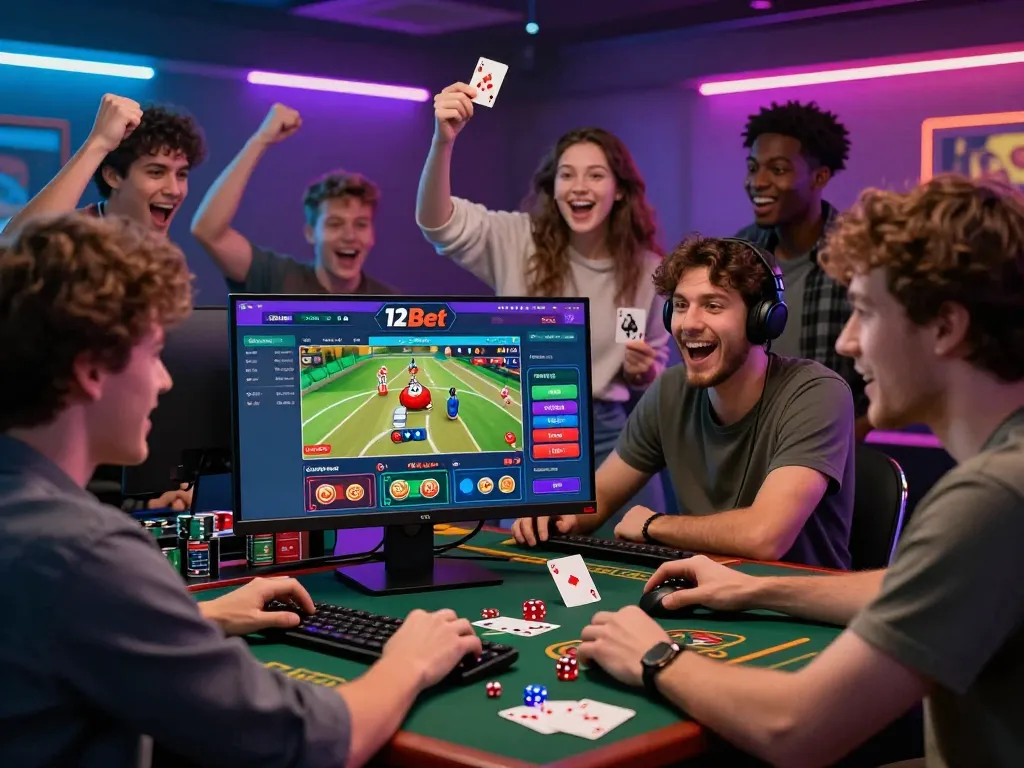 Group of friends enjoying the 12Bet app for online gaming in a lively setting, showcasing excitement and camaraderie.