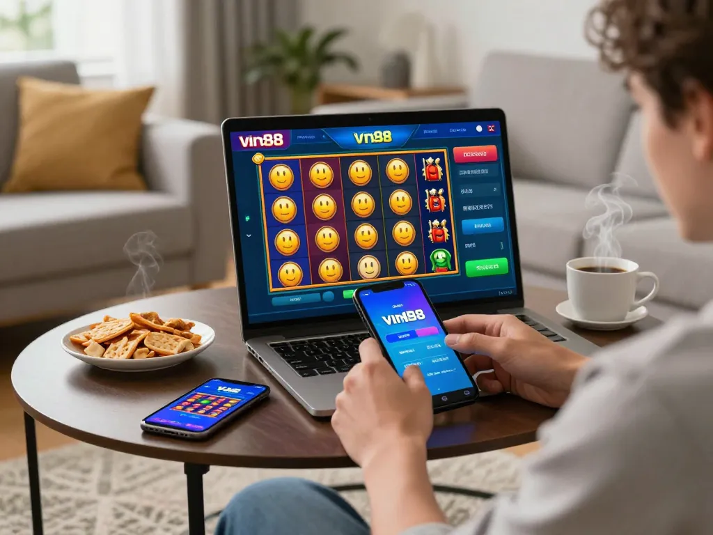 Player passionately engages with vin88 mobile app displaying vibrant slot game reels in a cozy home atmosphere.