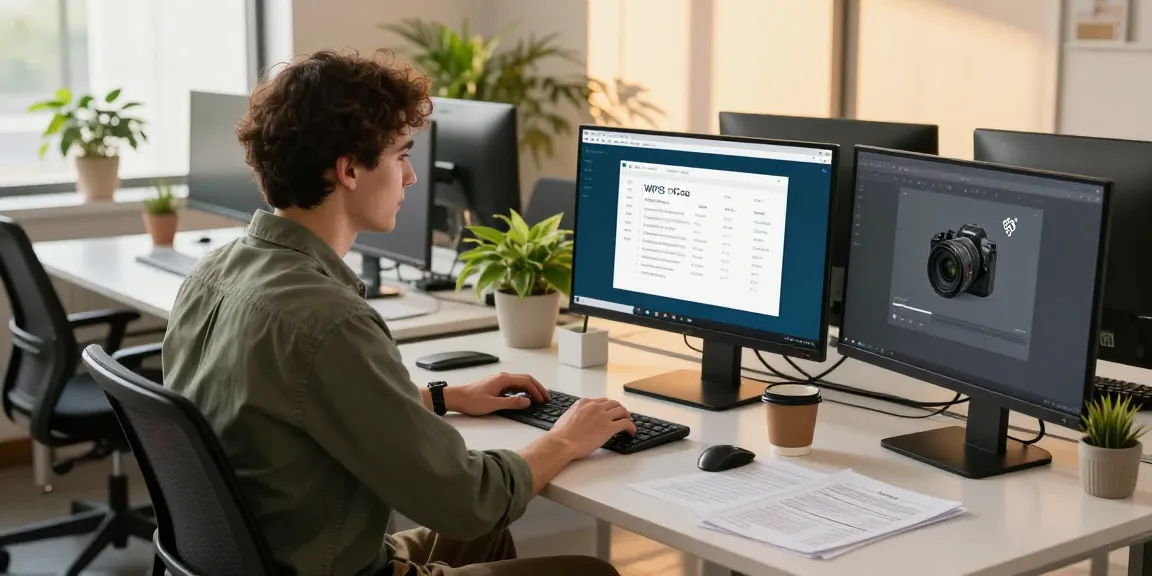 Download WPS Office on modern office setup with professional using laptop and documents.