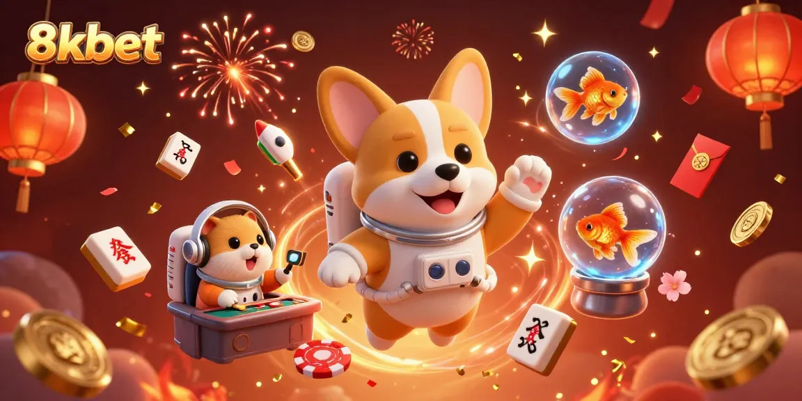 8xbet animates a floating casino scene with an astronaut corgi, mission hamster, and goldfish.