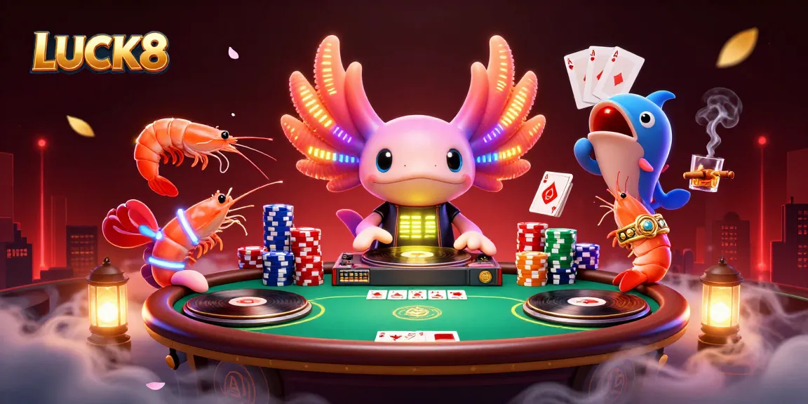 LUCK8 unveils vibrant 3D characters like a neon axolotl DJ and shrimp dancers at a lively poker game.