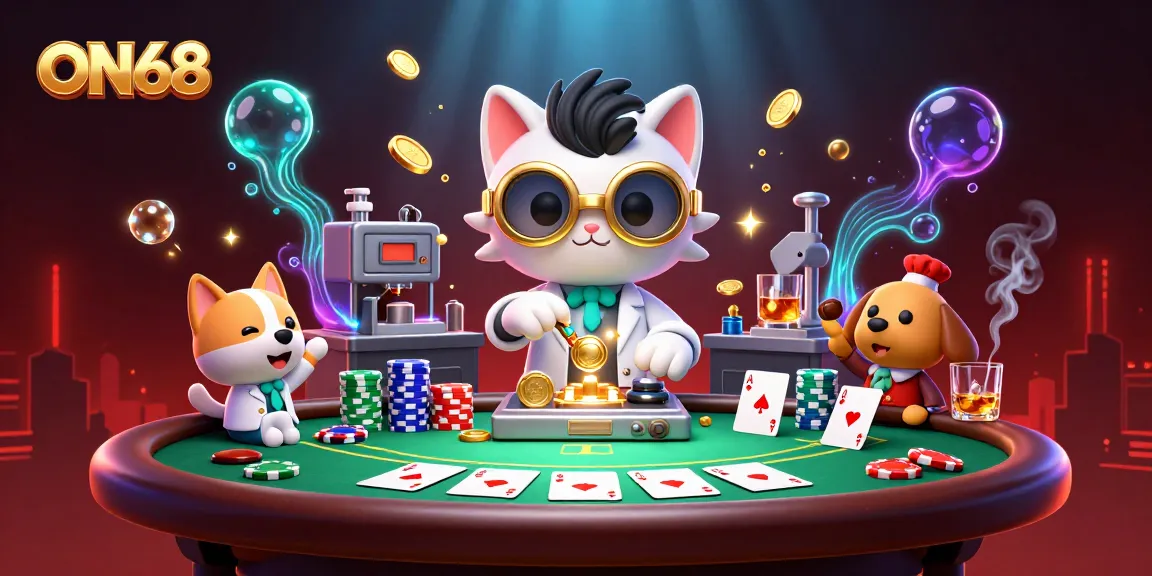Engage in thrilling gameplay at ON68 with a mad scientist cat and loyal assistant in a dynamic casino scene.