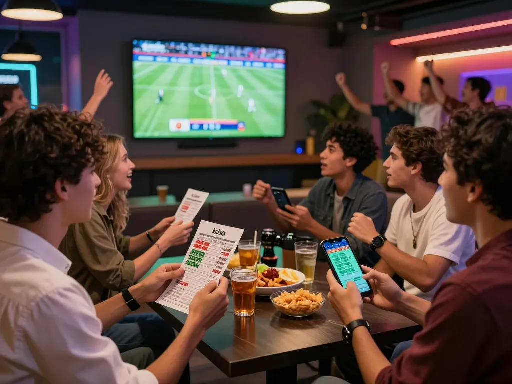 Friends engaging in sports betting with kèo nhà cái odds at vibrant lounge during football match.