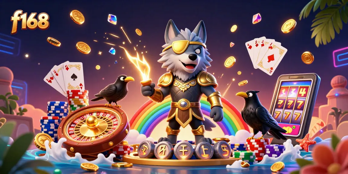 Play exciting f168 games with the Norse-inspired Odin wolf and his ravens in a vibrant casino scene.