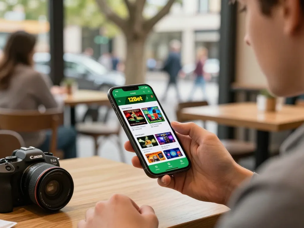Interagindo com o app 12Bet para apostas móveis em um aconchegante café ao ar livre.