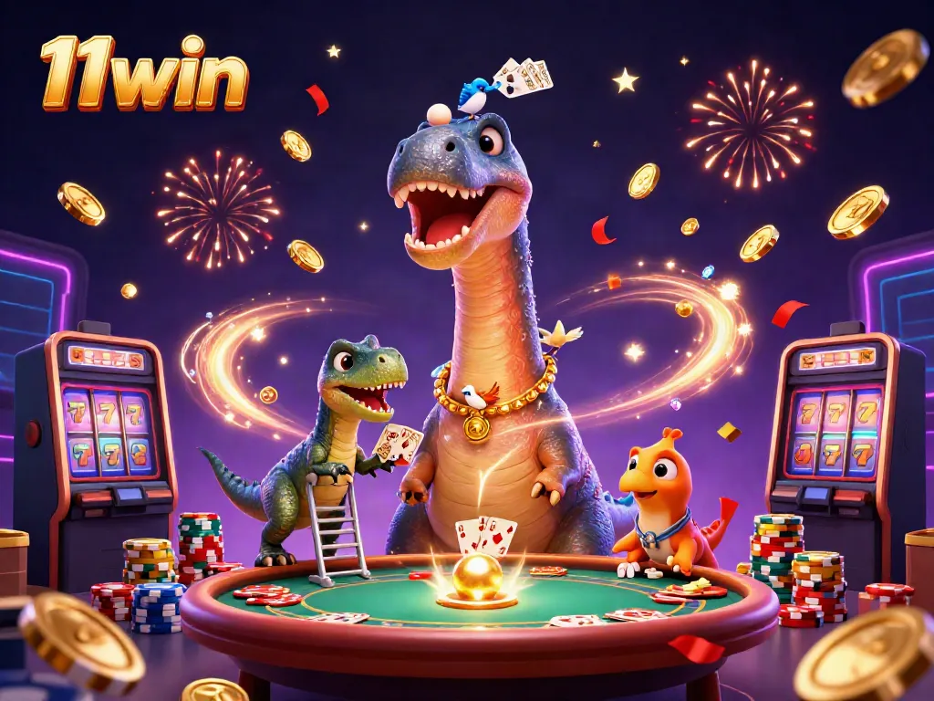 Experience the thrill of 11win with a lively casino scene featuring a giant brontosaurus and raptor dealers.