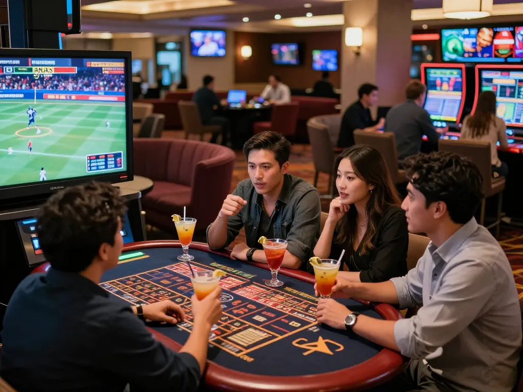Engaged friends enjoying sports betting at F8 BET with drinks, betting slips, and live games on screen.