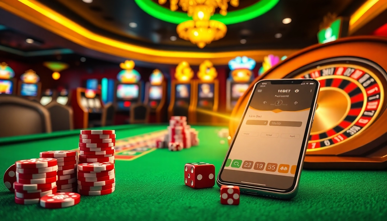 Experience luxury gaming with link vào 188bet highlighted on a smartphone amidst a vibrant casino table setup.