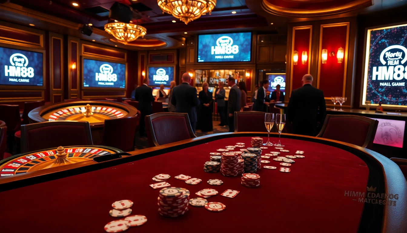 Players enjoying a vibrant casino atmosphere featuring the HM88 brand at a poker table.