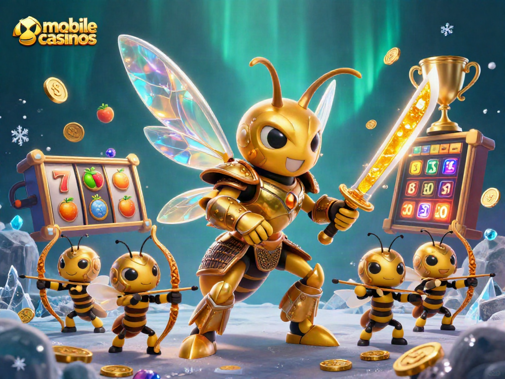Engage with mobile casinos through a vibrant scene featuring a golden hornet and slot elements.