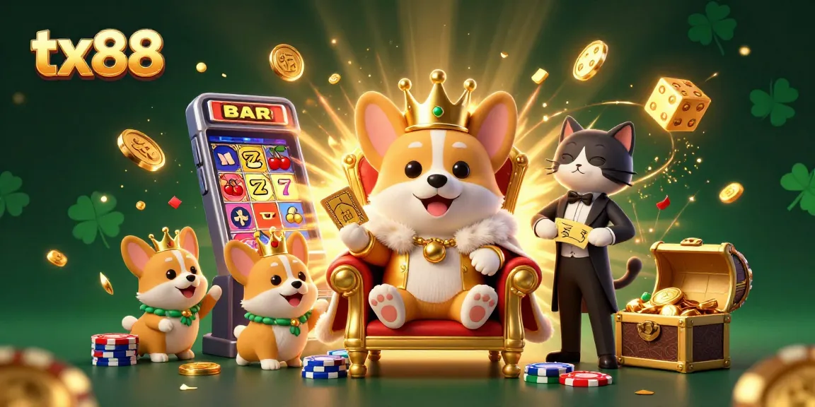 Spin the reels at tx88 with a royal corgi on a poker chip throne amid colorful casino chaos.