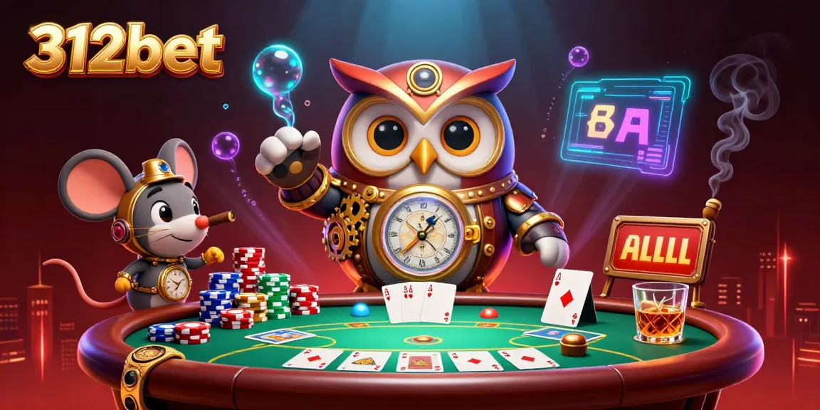 Experience thrilling slots and poker gameplay with 312bet's vibrant 3D illustration featuring lively casino elements.