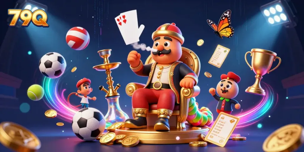 Experience the excitement of 79Q with casino elements in a lively 3D illustration.