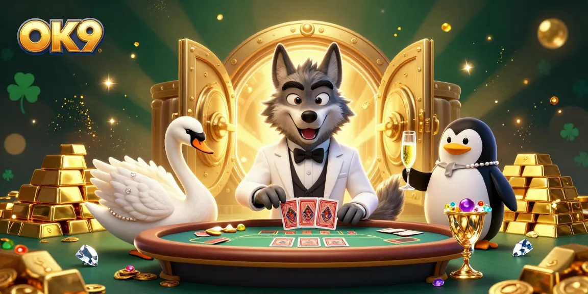 Engage with OK9's vibrant gambling world featuring a debonair wolf, swan, and penguin in an action-packed casino scene.