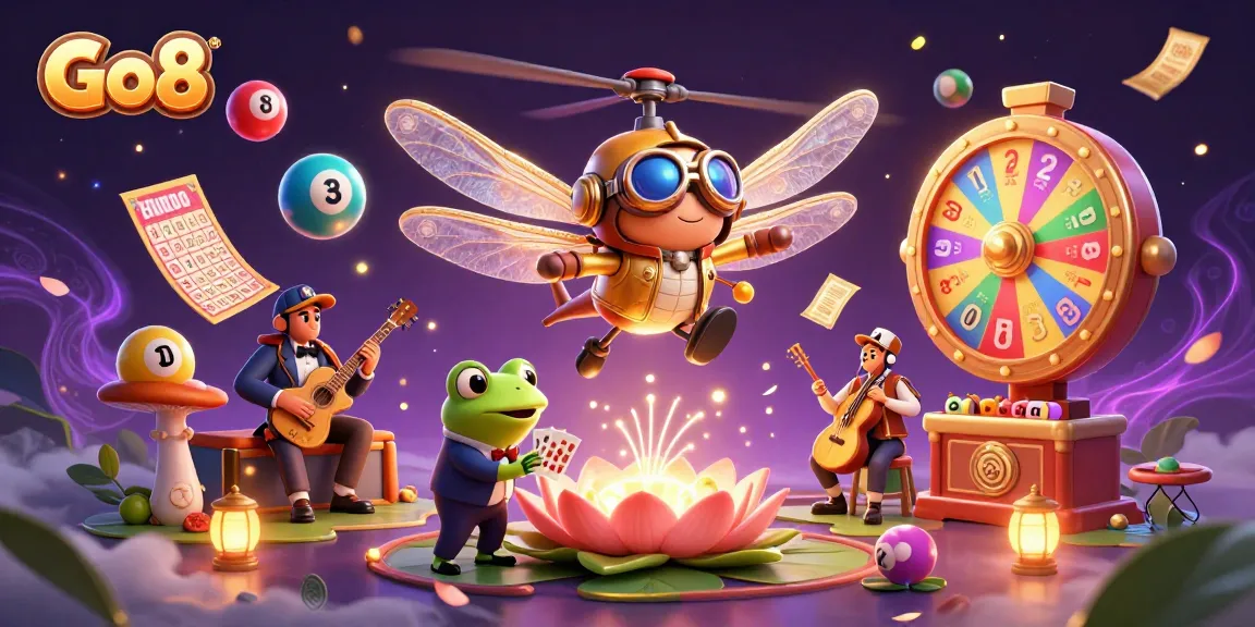 Experience Go8's vibrant casino scene with a dragonfly pilot and frog croupier amidst dynamic lottery action.