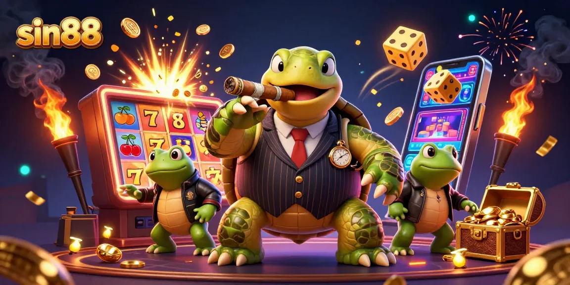 sin88 illuminates a vibrant casino scene with a snapping turtle and bullfrogs amid jackpot excitement.