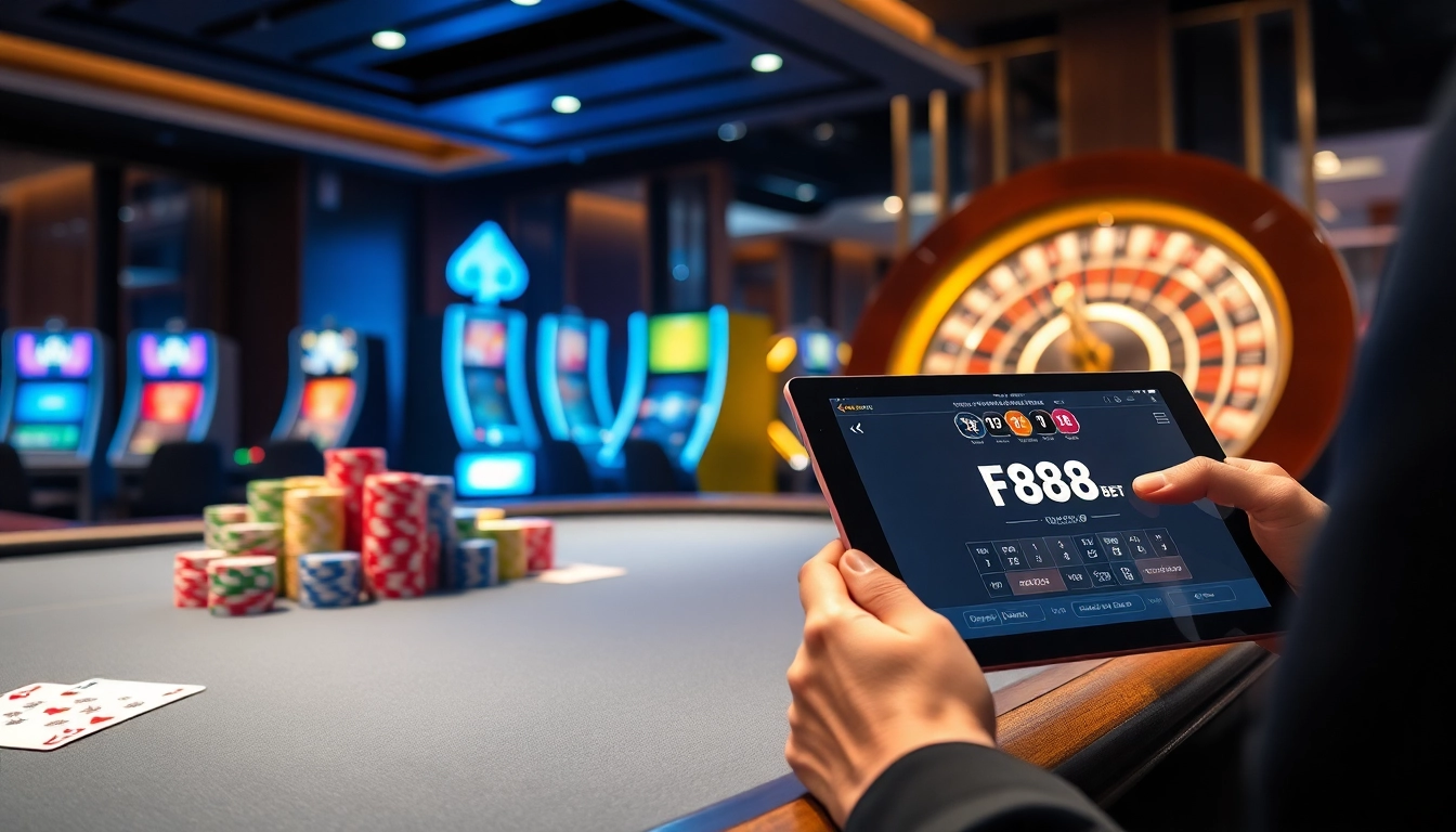 Engaging gamblers at the vibrant F88BET online casino with sleek tables, bright slots, and exciting games.