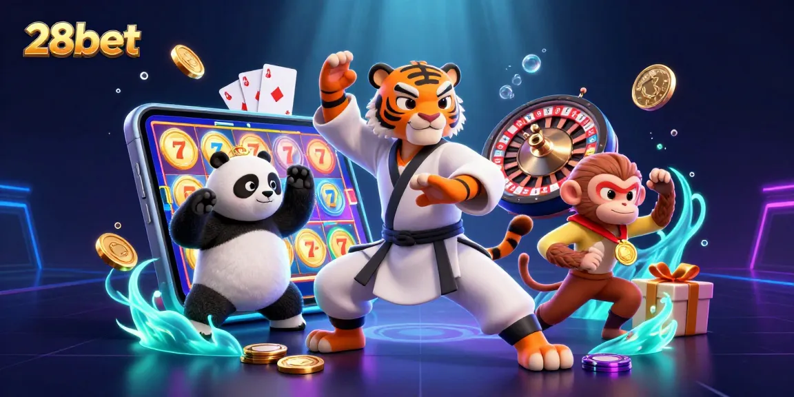 Engage with 28bet's thrilling casino experience featuring a kung fu tiger and a playful monkey!