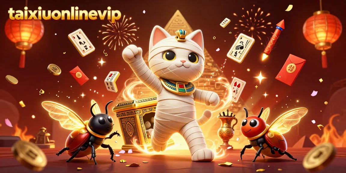 Experience the thrilling gameplay of taixiuonlinevip with vibrant graphics featuring an Egyptian mummy cat and golden sarcophagus.