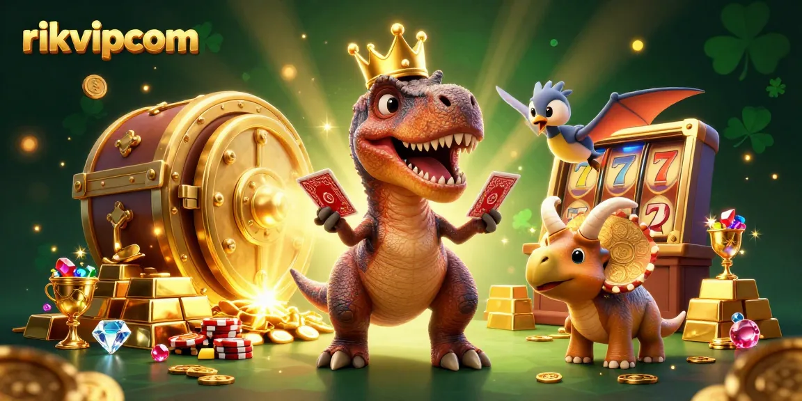 Experience the thrill of rikvipcom with a T-Rex shuffling cards in a vibrant casino scene.