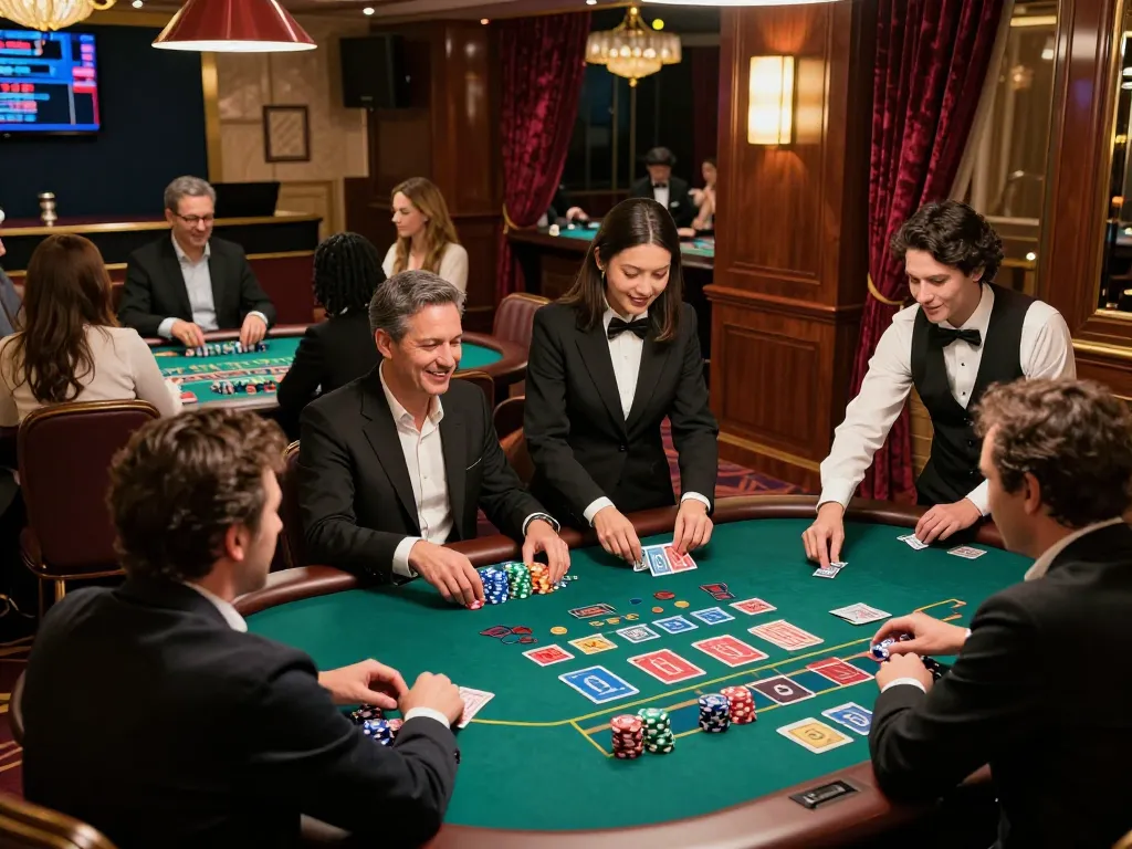 King33 live casino scene with players engaged in thrilling gameplay at green felt tables.