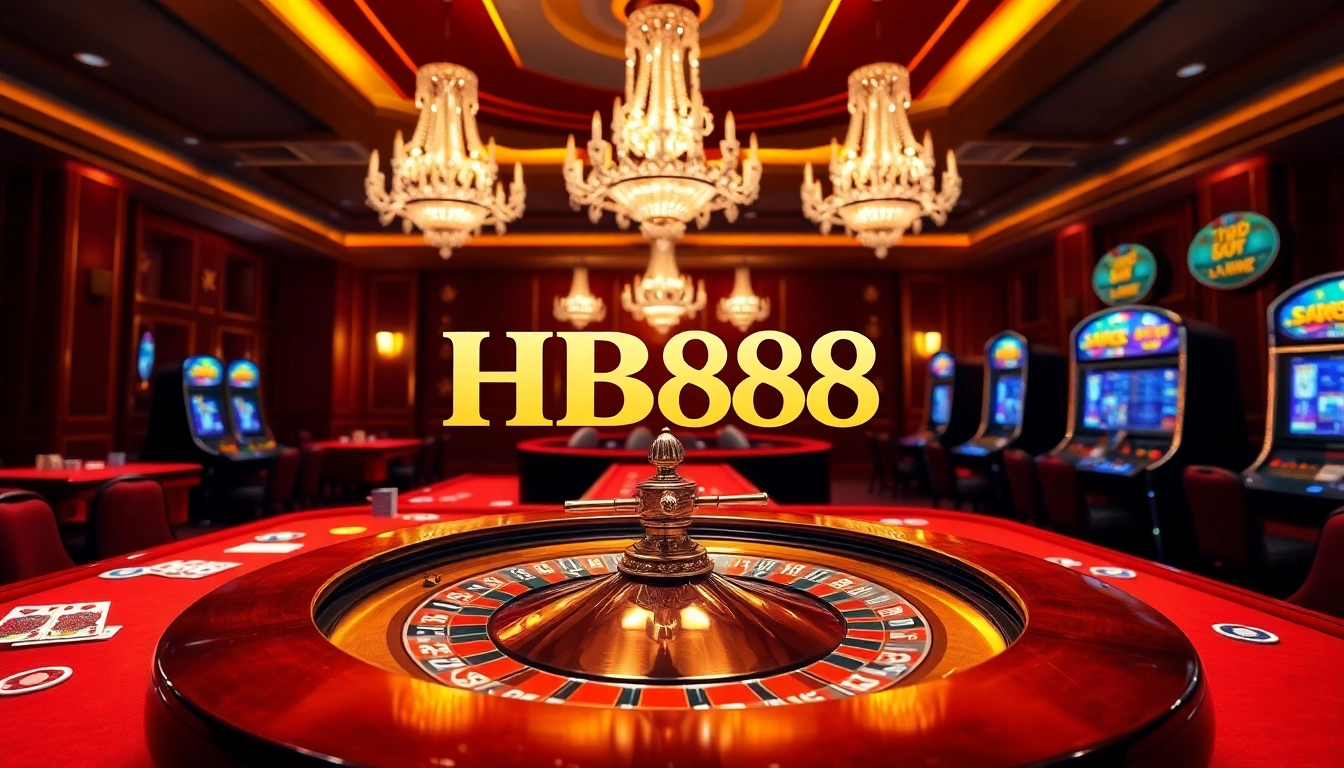 Engage in thrilling gambling action at HB888 casino with roulette and poker tables.
