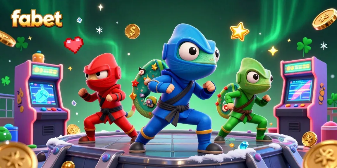 Engage with fabet's 3D ninja chameleons as they dominate the gaming scene, surrounded by vibrant casino elements.