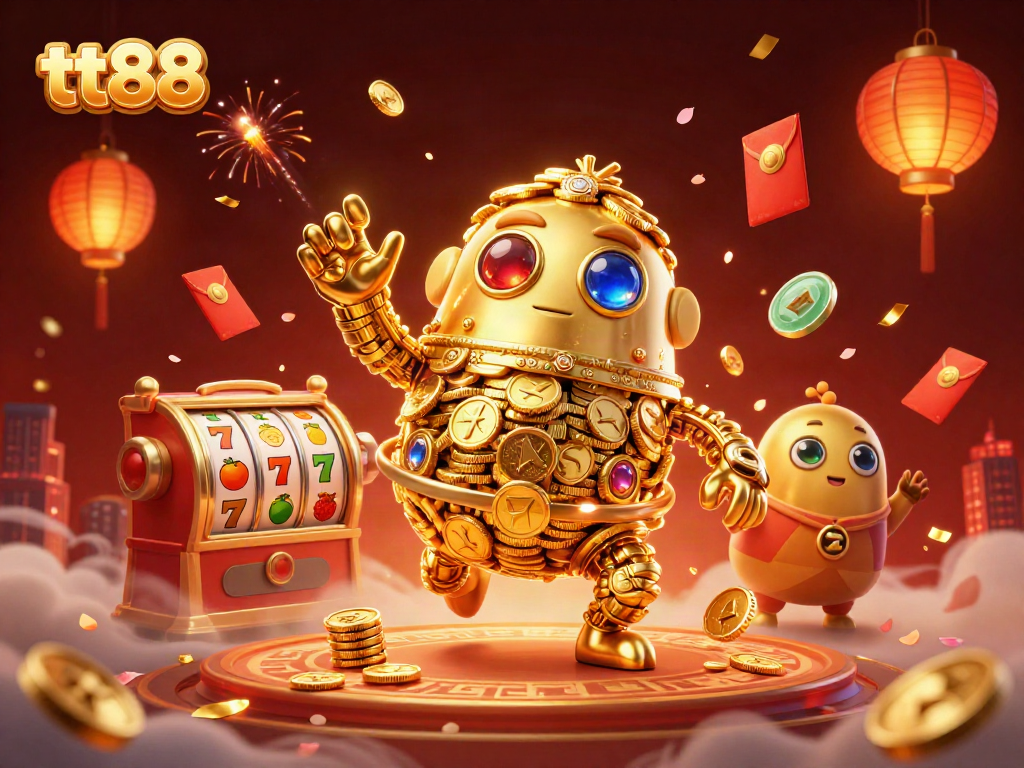 tt88 slots come alive with a golden golem amidst vibrant casino elements and festive fireworks.