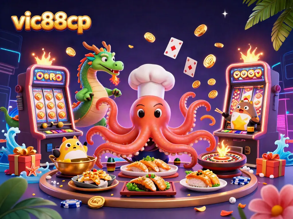 Experience vibrant slot action with vic88cp's lively 3D illustration, featuring engaging characters amidst dynamic gaming elements.