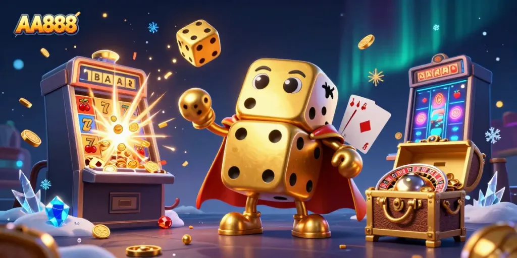 Experience thrilling gameplay with AA888's vibrant casino illustration featuring dynamic golden dice and spectacular wins.