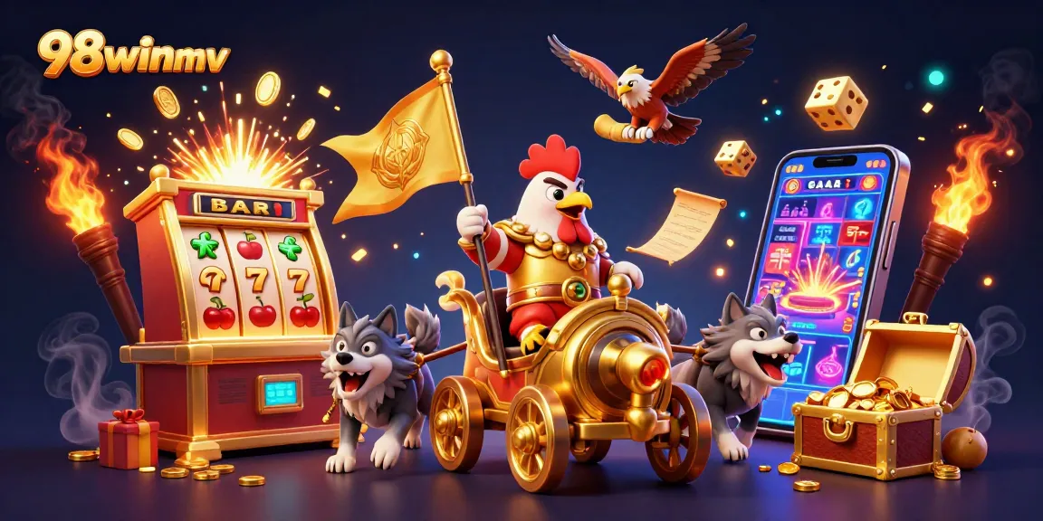 Join the excitement at 98winmv with a dynamic illustration of a casino adventure featuring thrilling games and rewards.