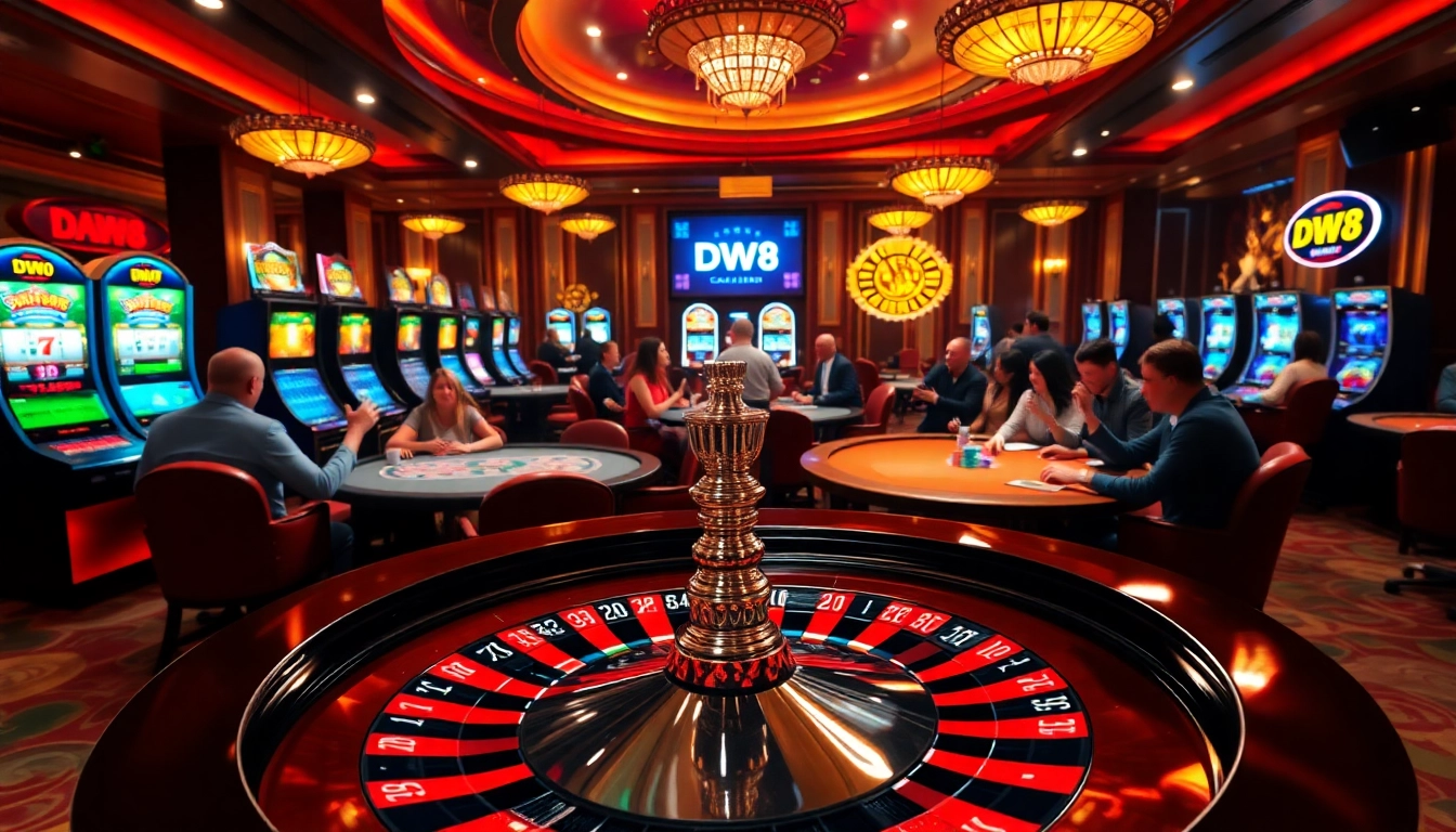 Participants enjoying a thrilling game at DW8 casino, featuring roulette and poker excitement.