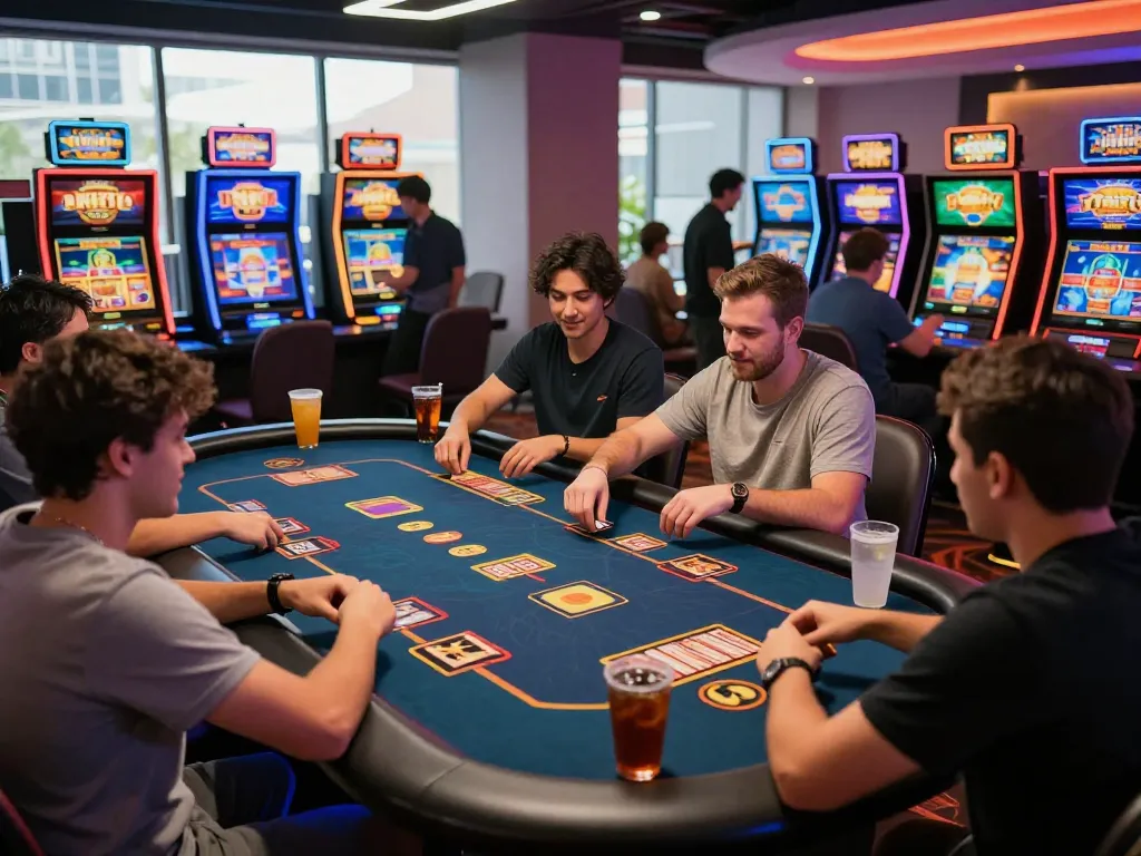 Exciting NK88 gaming scene with friends enjoying card games and slots in a vibrant casino setting.