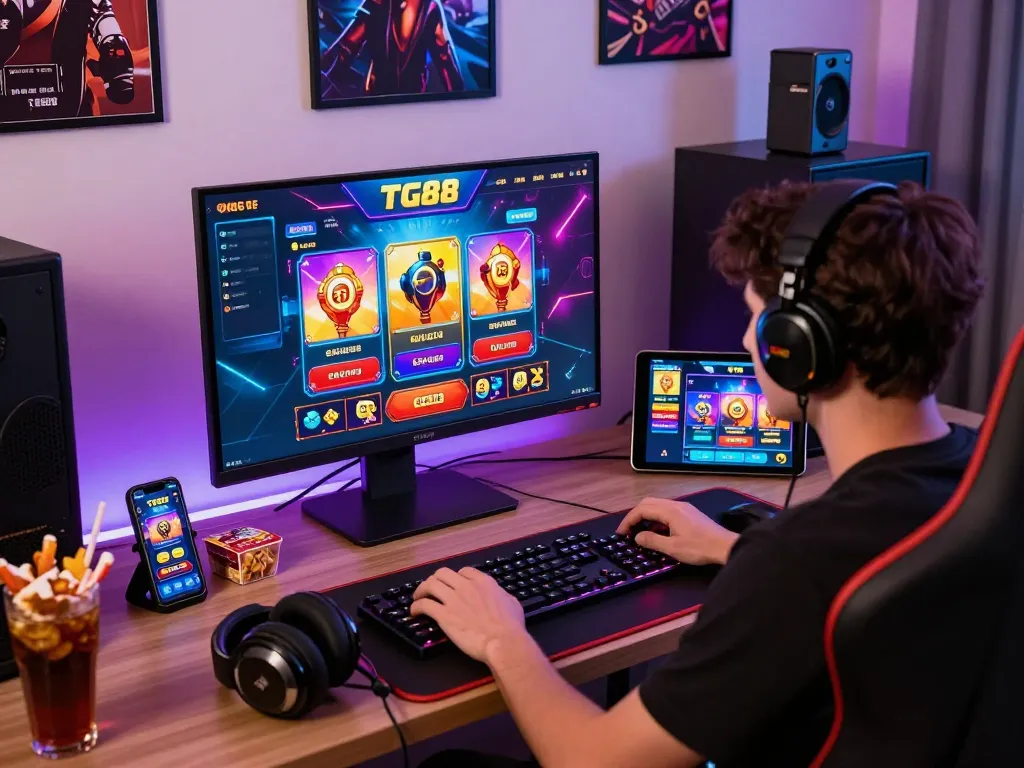 Player engaging with the TG88 gaming platform on a desktop with multiple devices, illustrating the vibrant online gambling experience.