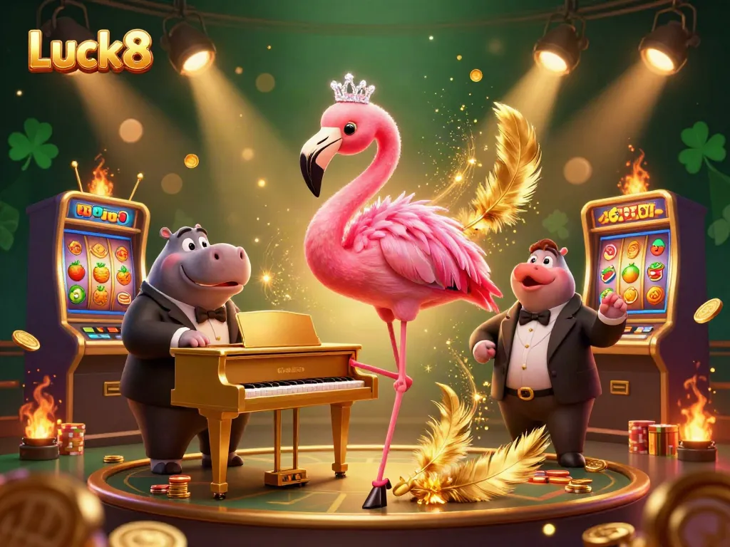 Luck8 brings excitement to the casino scene, featuring a glamorous singer and energetic musicians amidst gold coins and slot machines.