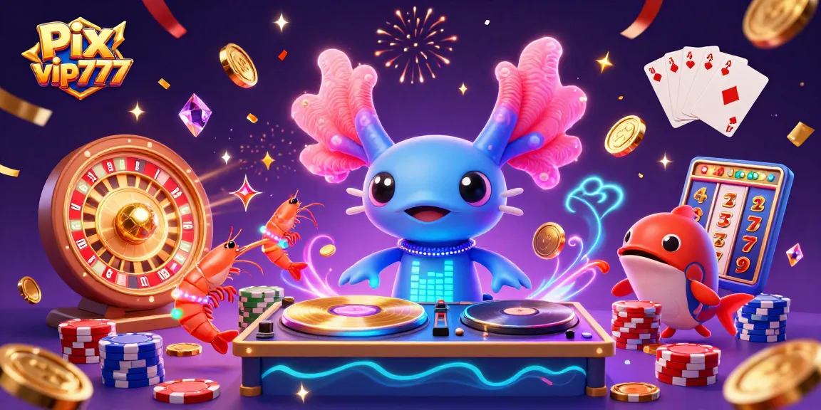 Experience the thrill of Pix vip777 with dynamic characters and casino features in vibrant colors.