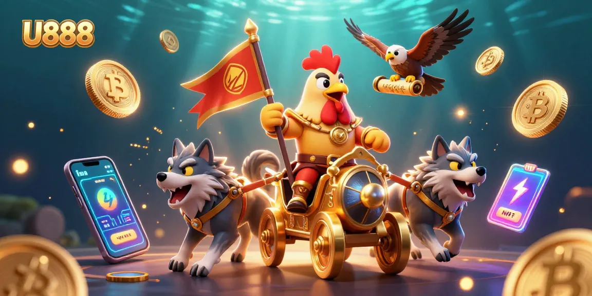 Experience U888 cockfighting with a dynamic 3D scene featuring a rooster warlord leading a fierce battle.