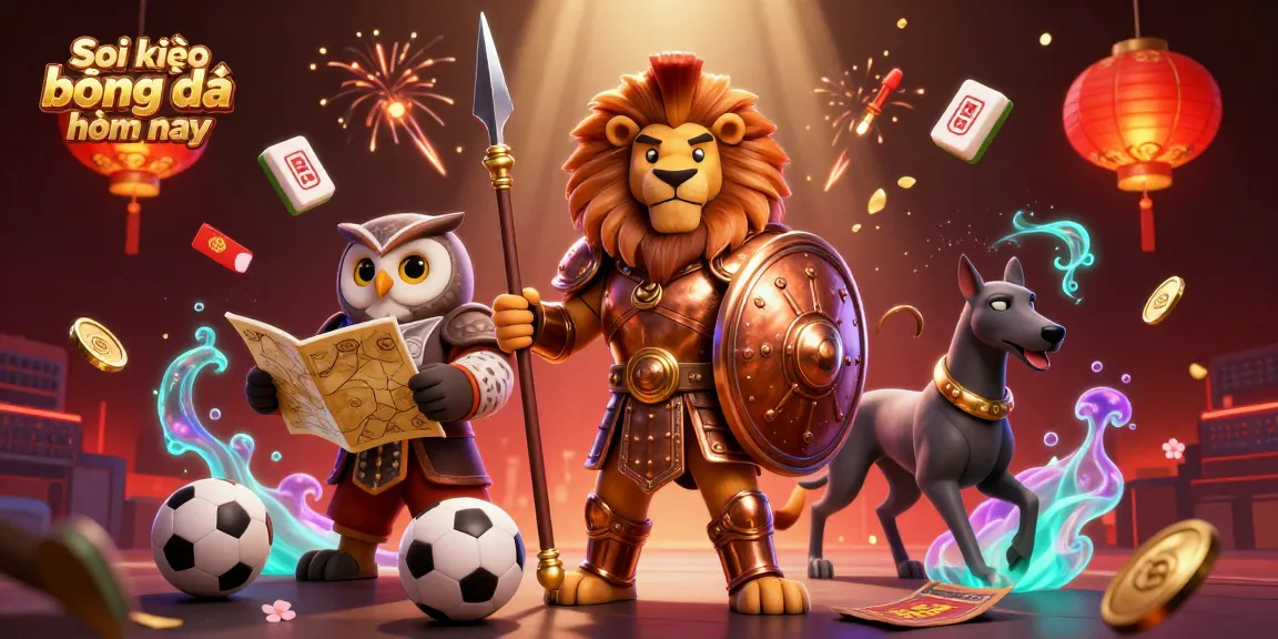 Soi kèo bóng đá hôm nay features a dynamic illustration of a Spartan lion, tactical owl, and greyhound in a rich gambling scene.