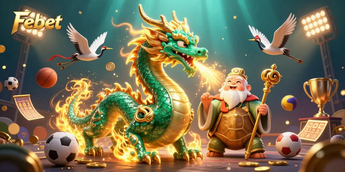 Experience thrill at Febet with an emerald dragon and lucky elements in an energetic casino scene