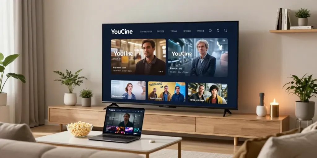 Configuração de entretenimento em casa que exibe o aplicativo Youcine PC em uma TV de tela grande.