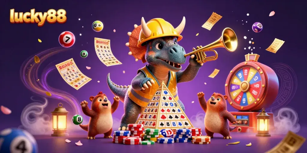 Experience the excitement of lucky88 with a vibrant 3D scene featuring lively characters celebrating a jackpot.
